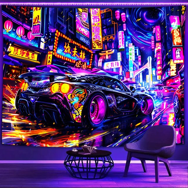VIKAMA Cyberpunk Neon Sportwagen Wandteppich Wandkunst Dekoration in Multicolour - Bild 1