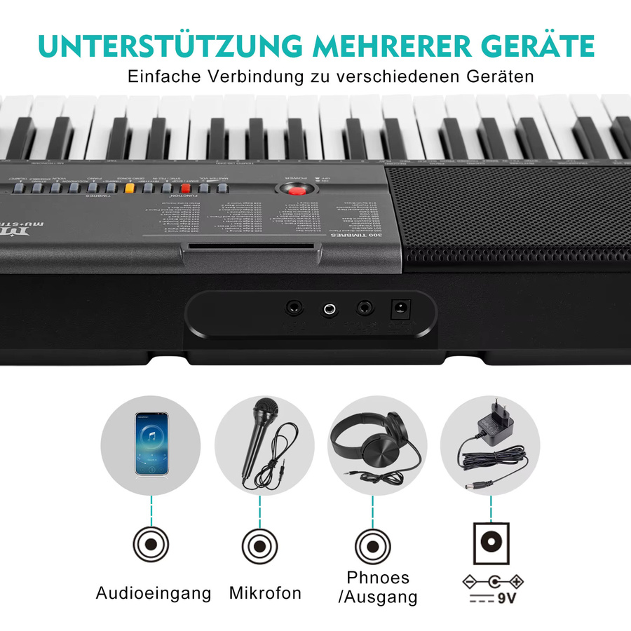 MUSTAR Digitales Klavier Keyboard mit 61 Tasten und Leuchttasten in Schwarz für Anfänger mit intelligenter Lernfunktion - Bild 4