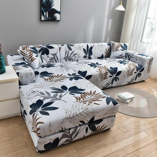 2er-Set elastische Spandex-Ecksofa-Bezüge in Weiß mit floralem Design für L-förmige Sofas, Breite: 90-140 cm - Bild 1