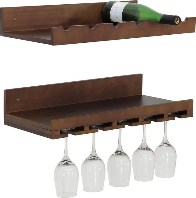2er-Set MCW Weinregal P22 Wandbar aus Kiefernholz in Braun für 6 Flaschen und 15 Gläser B: 61 cm, T: 28 cm - Bild 1