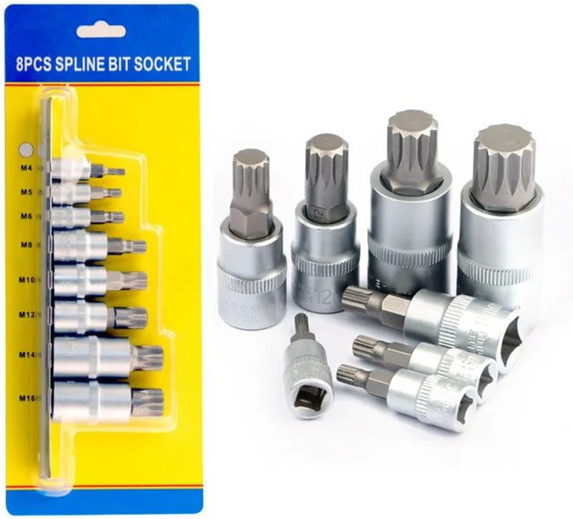 Skeyo 8er Triple Square Spline Bit Steckschlüssel Set M4-M16 in Silber mit Halterung für Drehmomentschlüssel und Ratsche - Bild 1