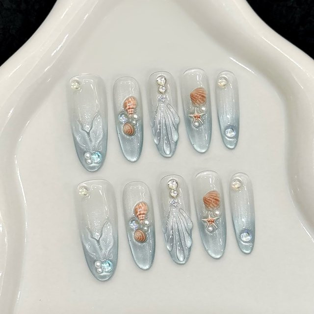 YADORNOS Press On Nails, 10 Stück, Blau, 3D Fischschwanz Dekor, Glänzend - Bild 1