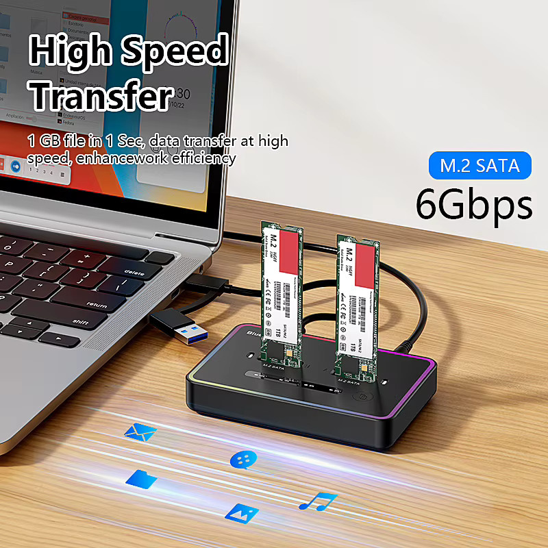 Blueendless Offline-Klon Dual M.2 NGFF SATA SSD-Gehäuse USB-C 2-Bay Dockingstation für 2230 2242 2260 2280 SSD, Schwarz - Bild 3