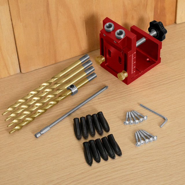 Wnew Pocket Hole Jig Kit Rot – Verstellbare Präzisions-Bohrschablone für Taschenschrauben mit 15 Grad Winkelbohr-Positionierer für Holzarbeiten - Bild 1