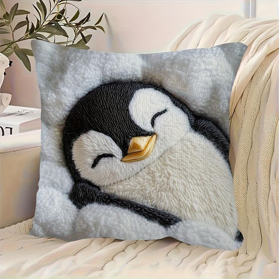 Weiche Kissenhülle mit 2D gesticktem Schlaf-Pinguin Aufdruck, Peach Skin Material, B/B/H: 18 x 18 x 1 cm, Mehrfarbig - Bild 2