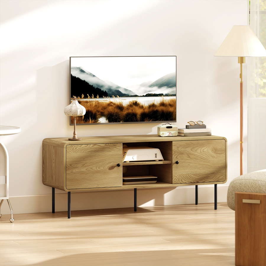 HOMCOM TV-Möbel in Eiche, moderner TV-Ständer für Fernseher bis 140 cm mit Stahlfüßen und abgerundeten Ecken, Breite: 120 cm - Bild 2