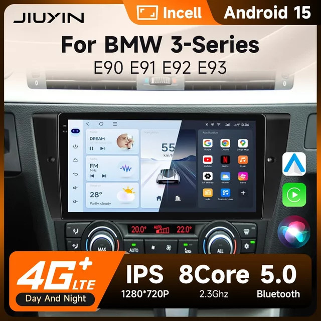 JIUYIN Autoradio für BMW 3er-Serie E90 E91 E92 E93 mit kabellosem CarPlay und Android Auto, intelligentes Infotainment-System in Schwarz - Bild 1