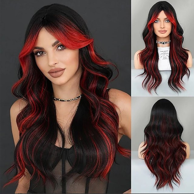 Hairjoy Ombre-Synthetik-Perücke, gewellt, Vorhang-Pony, schwarz-rot, 66 cm - Bild 1