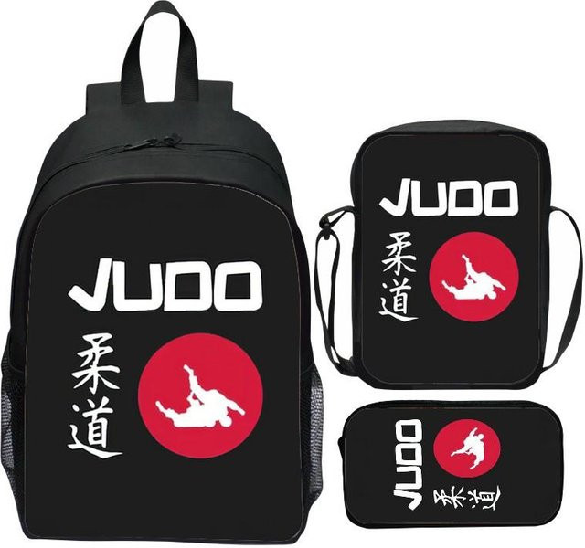Fancy Style Studio 3-teiliges Schulrucksack-Set mit Judo-Cartoon-Print, Rucksack, Umhängetasche und Federmäppchen, Schwarz - Bild 1