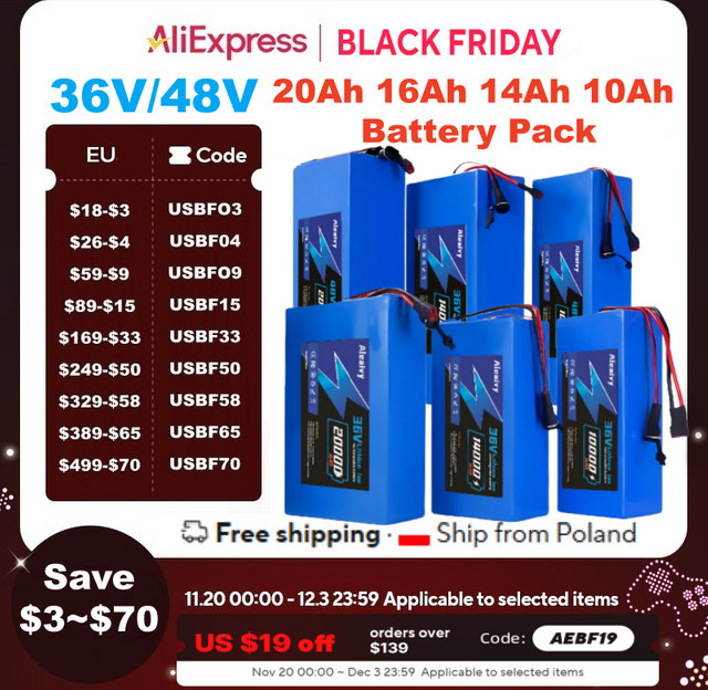 Aleaivy 18650 Akku mit 30 A BMS für Fahrrad und Roller, 36V/48V, 10–20 Ah, Farbe: Blau - Bild 1
