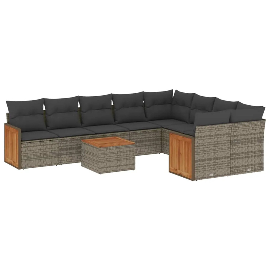vidaXL 10-tlg Garten-Sofagarnitur aus Poly Rattan und Akazienholz in Grau mit Kissen Modell 91 - Bild 2