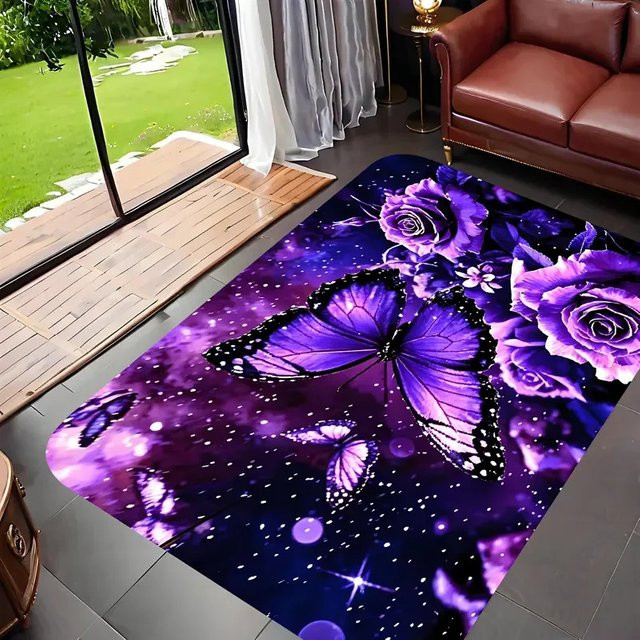 VIKAMA Teppich mit Schmetterlings- und Blumenmuster in Lila, rutschfester und weicher Flanell-Bodenmatte für Wohnzimmer, Schlafzimmer oder Arbeitszimmer - Bild 1