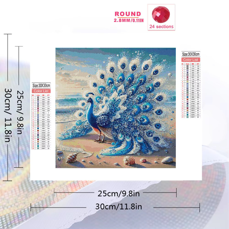 Evershine 5D-Diamant-Mosaik Pfau als Strass-Gemälde in Blau mit quadratischen Drillingen zur Stickerei als Heimdekoration - Bild 2