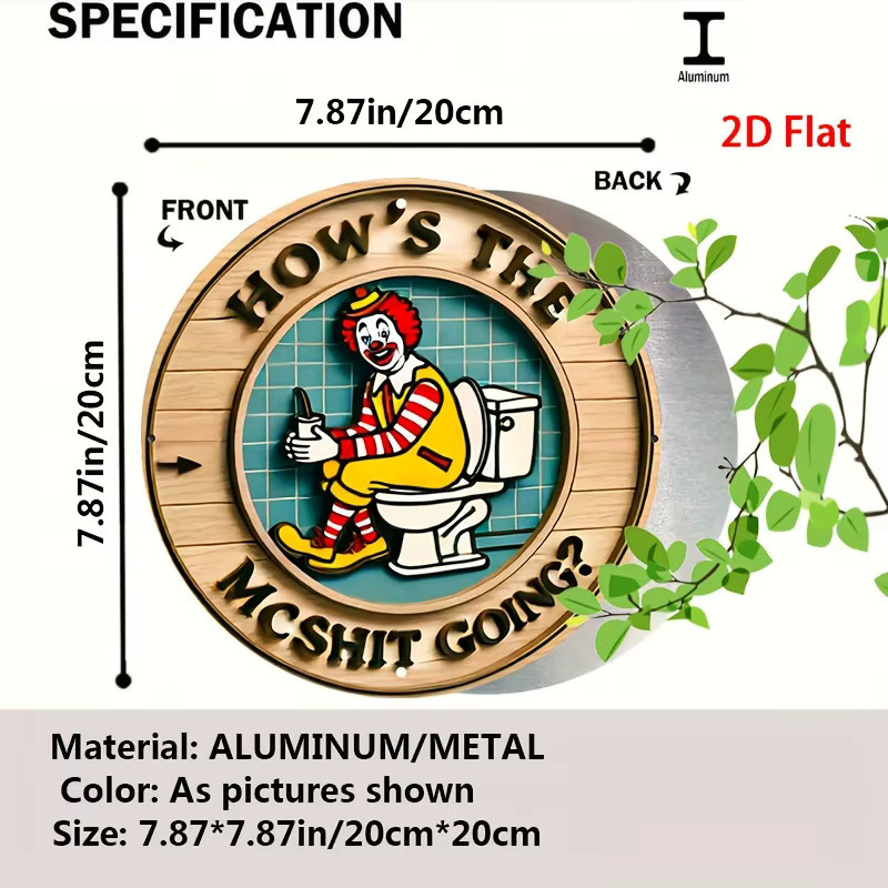 Potdemiel Vintage Clown Aluminium Wandschild How's the McShit Going humorvolle Retro-Dekoration rund, Durchmesser: 20 cm, Mehrfarbig - Bild 3