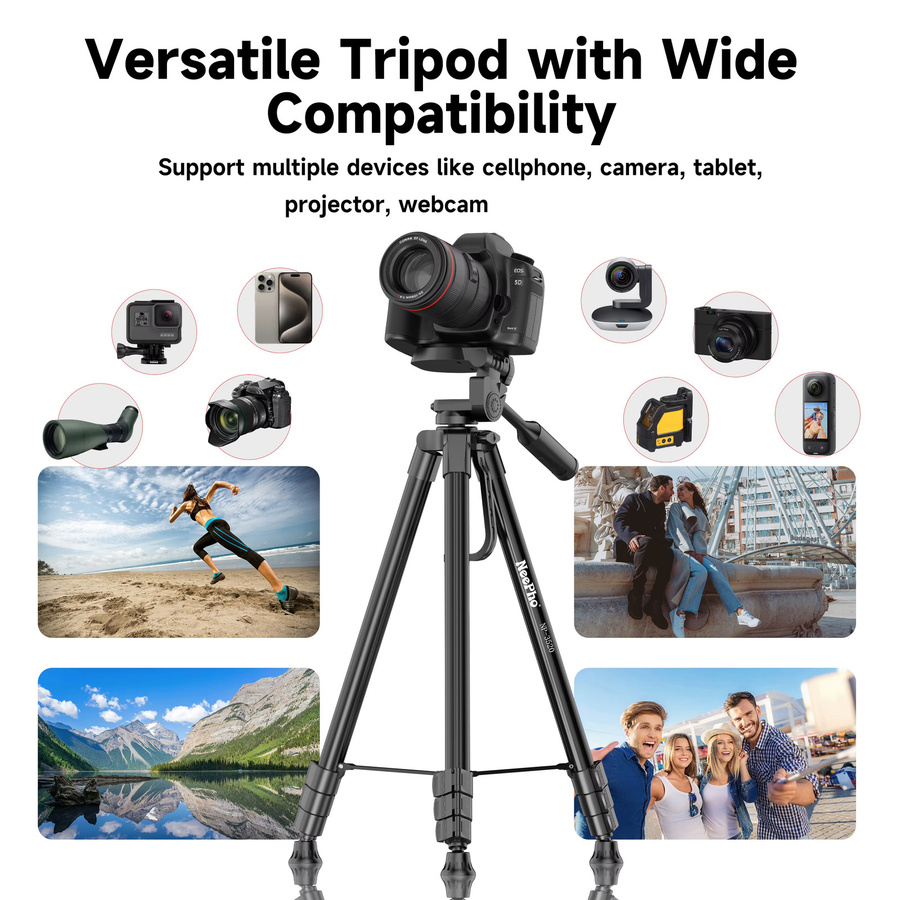 NeePho NP-3520 Kamerastativ aus Aluminiumlegierung mit 3-Wege-Schwenkkopf und Handyhalterung, Schwarz, Höhe: 160 cm - Bild 3