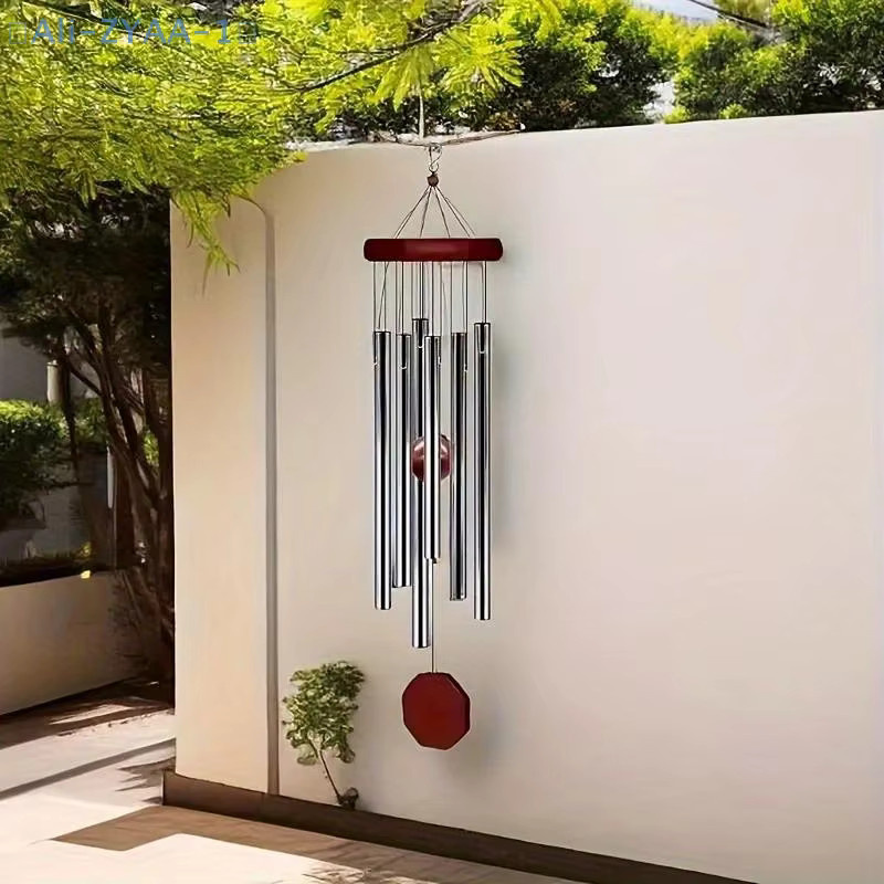 JETTING Retro Windspiel aus rotem Holz und Aluminium mit 6 Metallrohren, achteckiges Design für Balkon und Innenhof - Bild 2