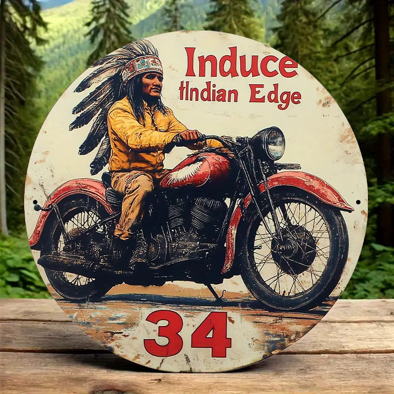 Potdemiel Indianer-Motorradkunst Wanddeko Induce Indian Edge im Vintage-Stil, runde Metallwandplatte, Mehrfarbig, Durchmesser: 20 cm - Bild 2