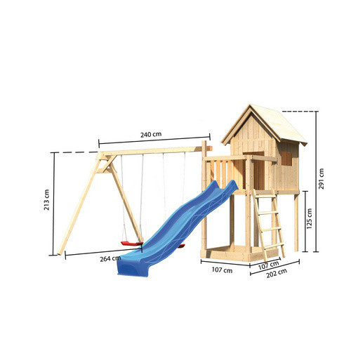 Karibu Kinderspielhaus Frieda Set mit Anbau und Rutsche in Blau und Natur sowie Spielturm in Braun - Bild 4