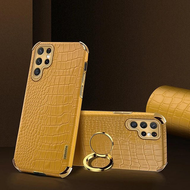 Samsung Galaxy S23 Ultra S22 S21 S20 S10 Plus FE Schutzhülle aus Leder mit Krokodilmuster und Schutzring in Gelb - Bild 1