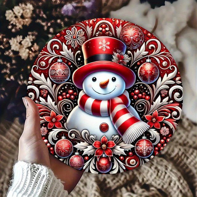 Rundes Schneemann Metallschild von Potdemiel zur Wanddekoration im Bauernhaus-Stil für Weihnachten, Multicolor - Bild 1