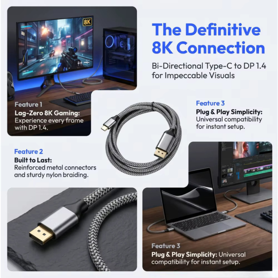 LccKaa Bidirektionales USB-C auf DisplayPort 1.4 Kabel, 8K@60Hz Typ-C auf DP Adapter Konverter, Länge: 1,8 m - Bild 2
