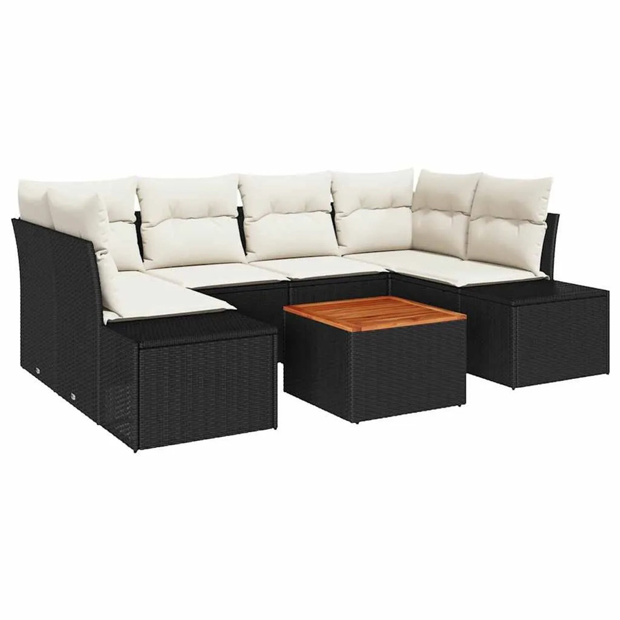 vidaXL Garten-Sofa-Set 7-teilig aus Polyrattan und Akazienholz in Schwarz-Weiß mit Polstern und Stauraum - Bild 2