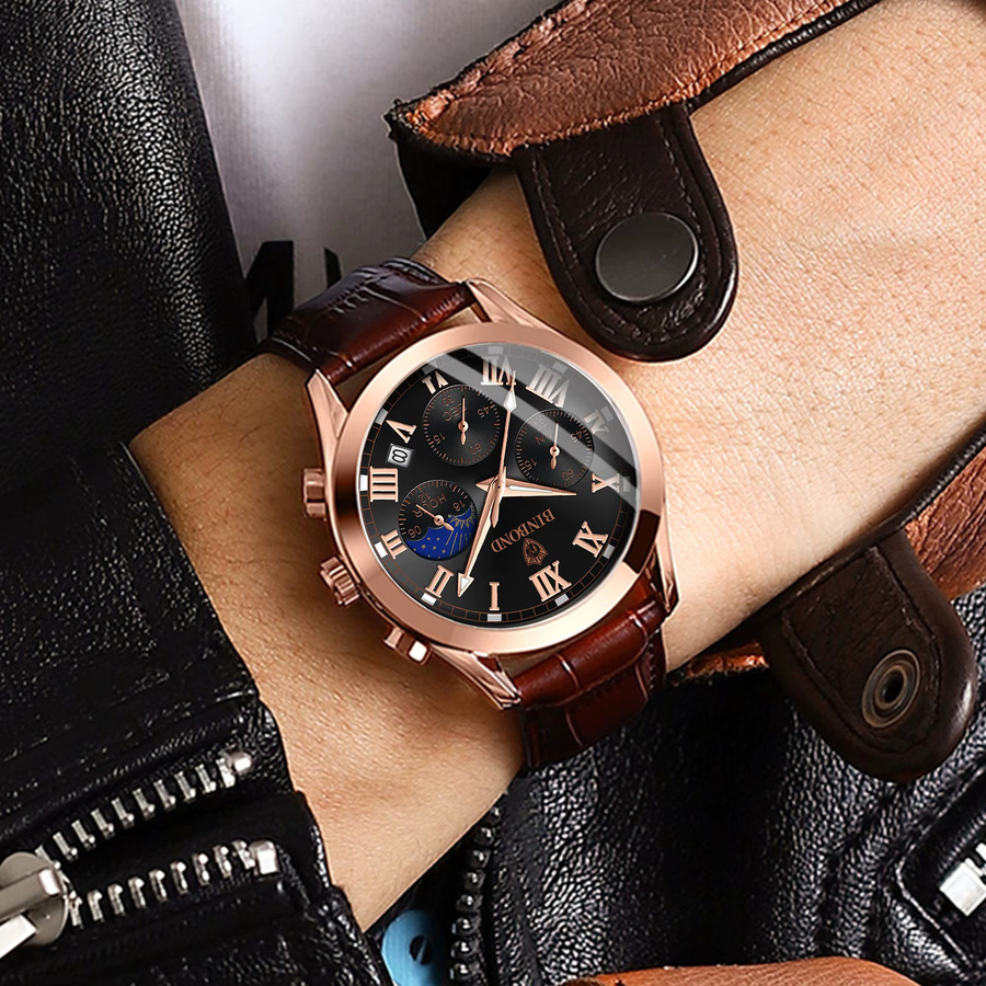 BINBOND Armbanduhr, Chronograph, Quarz, Leder, Schwarz, Roségold, Herren - Bild 2
