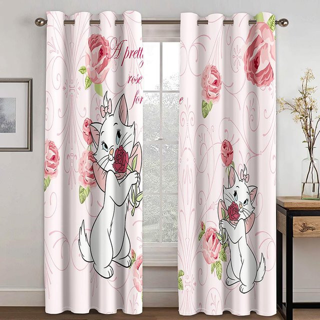 2er-Set Dünne Fenstervorhänge mit niedlichem Cartoon Katze und Tierpark Motiv in Pink für Kinderzimmer und Wohnzimmer, B/H: 200 x 240 cm - Bild 1