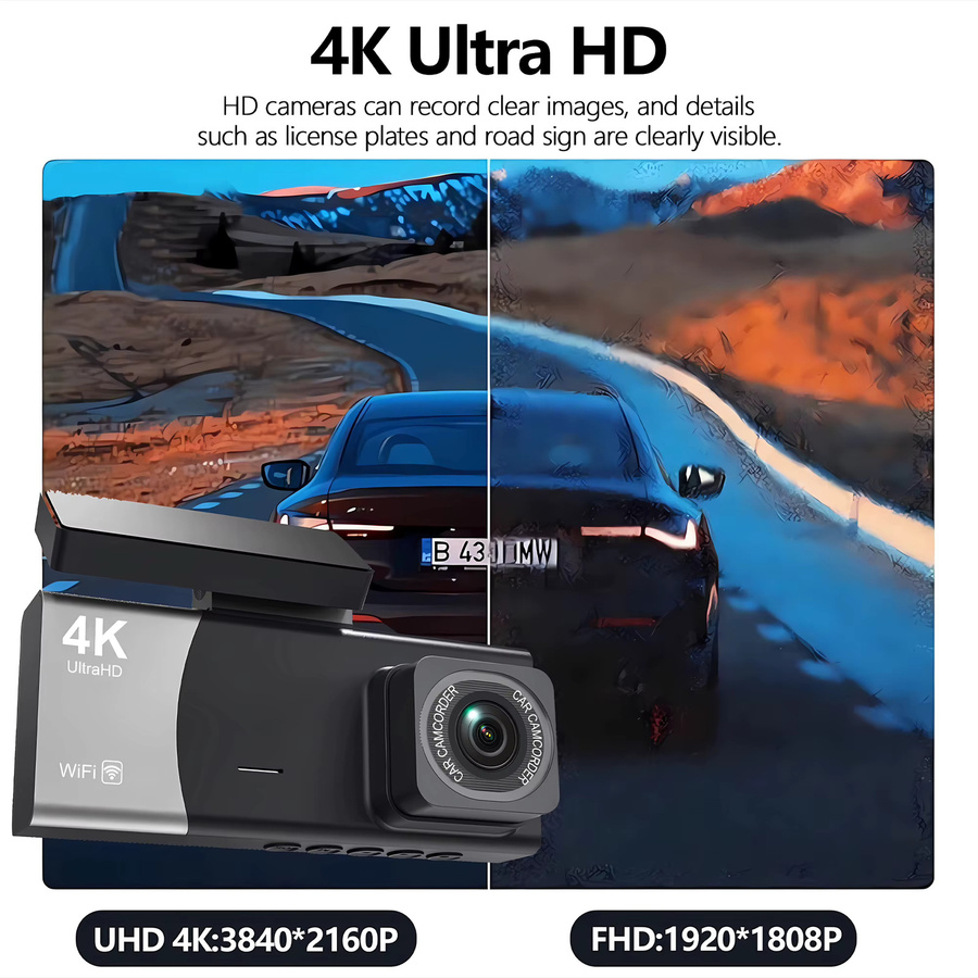 4K 3-Kanal WIFI Dash Cam mit 2160P HD Auflösung und OLESED Display, Drei-Wege Fahrzeug-Videorekorder in Schwarz - Bild 5