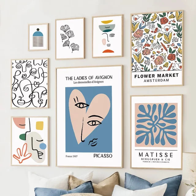 Potdemiel Wandkunstdruck Leinwand Abstrakte Linie Gesicht und Korallenblatt Minimalistisches Poster Multicolour - Bild 1