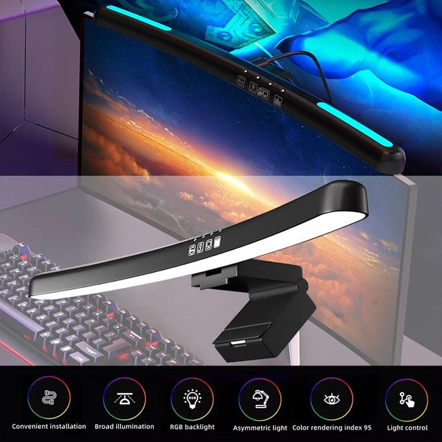 GGBEE LED-Monitorleuchte in Schwarz mit RGB-Beleuchtung und Touch-Steuerung, gebogene Schreibtischlampe für flache Bildschirme, Breite: 40 cm - Bild 1