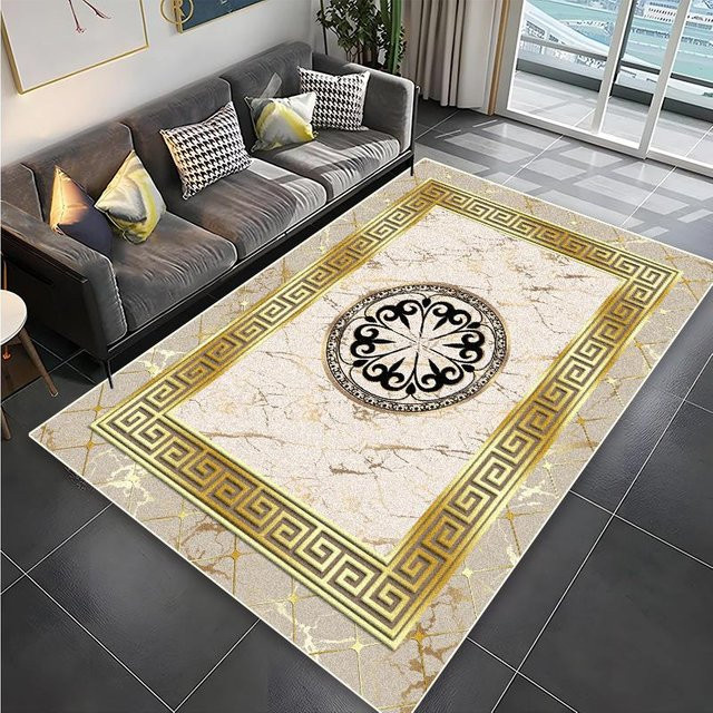 Moderner goldener Luxusteppich von Karpetti mit abstraktem geometrischem Design, rutschfest und waschbar für Wohnzimmer und Schlafzimmer - Bild 1