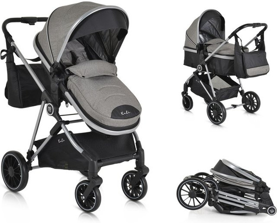 Moni Kombikinderwagen 2 in 1 Kali grau mit Babywanne, Tasche und Getränkehalter bis 22 kg