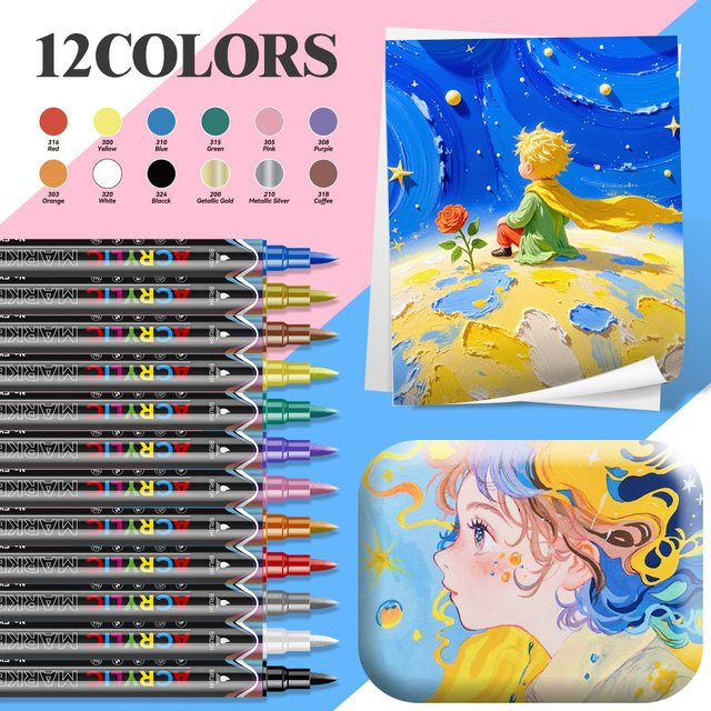 12 Farben Macaron Acryl Marker mit Dual Tip Soft Brush und Feinspitze für kreative DIY Kunstprojekte auf Stein, Holz oder Tassen - Bild 1