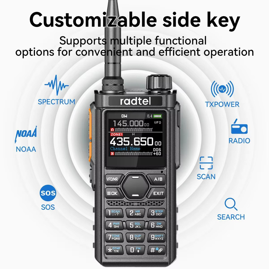 Radtel RT-910 Vollband-Walkie-Talkie in Schwarz mit 960 Kanälen, 45–59 MHz, NOAA-Spektrumanalysator, AM/FM und tragbarem Amateurfunk - Bild 3