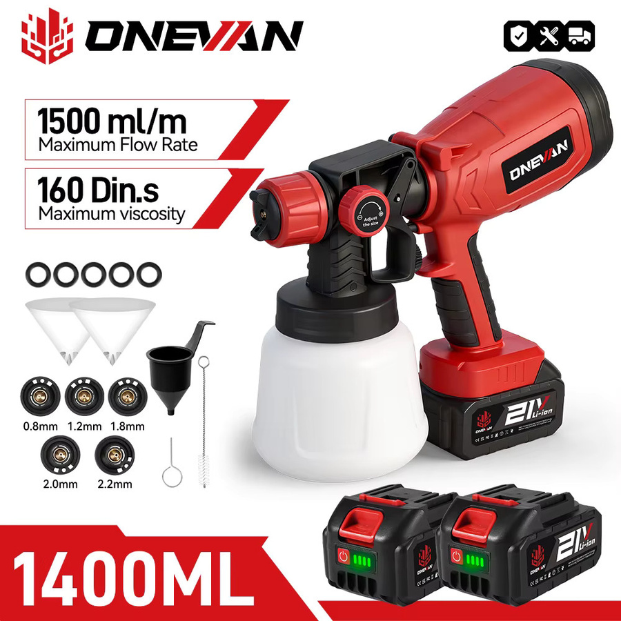 ONEVAN Elektrische Spritzpistole in Rot, kabelloser Farbsprüher mit 1400 ml Fassungsvermögen, kompatibel mit Makita 18V Akku, ideal für Zuhause, Auto, Möbel und Stahlbeschichtung - Bild 6