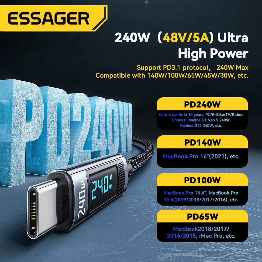 Essager USB Typ C auf USB C Kabel 240 W PD 3.1 100 W Schnellladekabel 6 A Datenkabel für MacBook Pro Laptop Xiaomi iPad in Schwarz und Grau - Bild 2