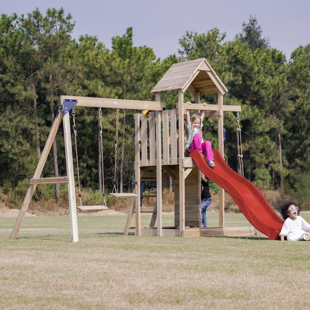 Axi Spielturm Moos mit Doppelschaukel Braun und Rutsche Rot - Bild 1