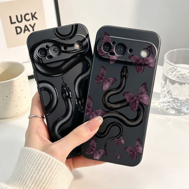Schlangenmuster Handyhülle aus weichem Silikon für Google Pixel 6 6A 7 7A 8 8A 9 10 10A Pro XL 5G in Schwarz - Bild 1