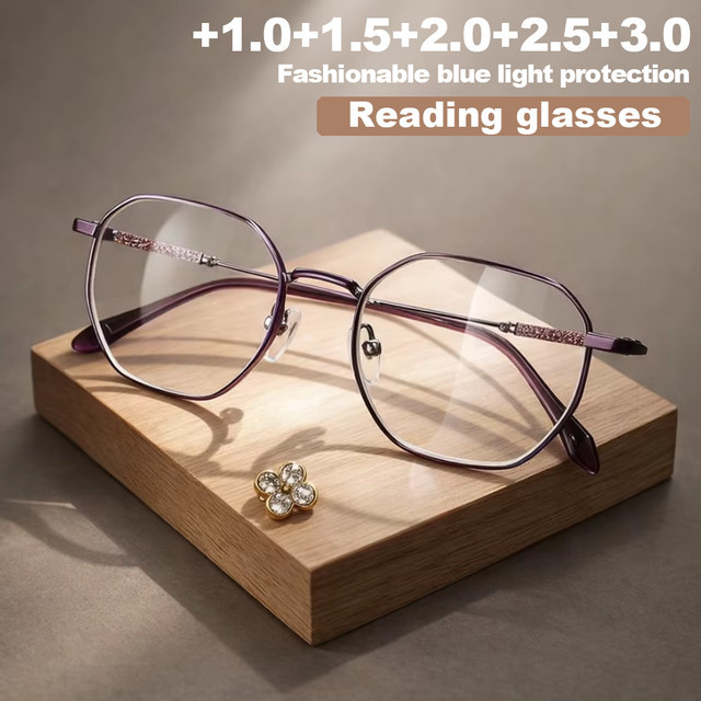 Lesebrille Damen, Vollrand, Rund, Metall, Transparent, Purple, Blaulichtfilter - Bild 1