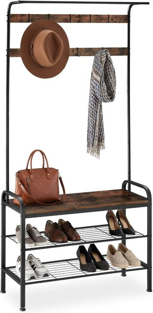 tectake Garderobenständer Alberta Industrial Style mit Sitzfläche, 2 Gitterablagen und 9 abnehmbaren Haken, B/T/H: 85,5 x 36 x 184 cm - Bild 1