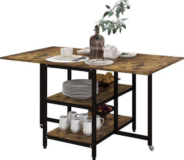 HOMCOM Klapptisch Esstisch mit Rollen und 2 Ablagen, Rustikal-Braun, B/T: 140 x 80 cm - Bild 1