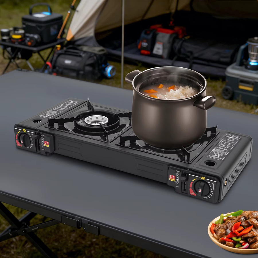 Bymaocar Tragbarer Camping-Gaskocher mit 2 Brennern, 2500 W pro Brenner, Butan-LPG-Dual-Fuel, Piezo-Zündung und Überdruckschutz, Schwarz - Bild 7