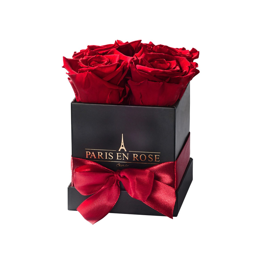PARIS EN ROSE Rosenbox eckig in Schwarz mit 4 Bordeaux Rosen und Schleife - Bild 2