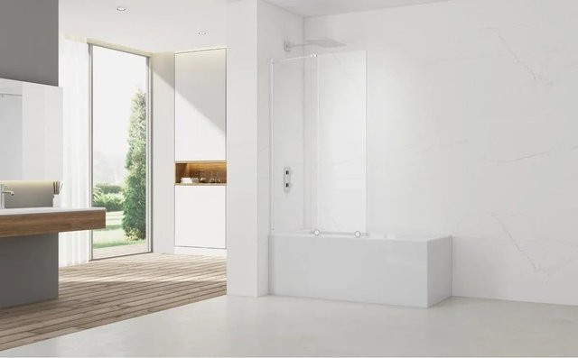 Swiss Aqua Technologies Walk-In Xmotion Badewannenabtrennung 2-teilig mit Schiebetür, Farbe Weiß, B: 150 cm, H: 117,5 cm - Bild 1
