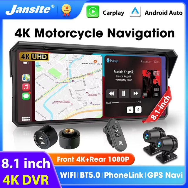 Jansite Motorrad CarPlay und Android Auto Navigationssystem mit 8,1 Zoll Display, Dual-Objektiv 4K+1080P, IPX7 wasserdicht und Bluetooth, Schwarz - Bild 1