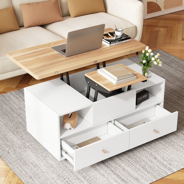 Okwish Couchtisch mit Klappfunktion, 4 Schubladen und Höhenverstellung in Weiß - Bild 1