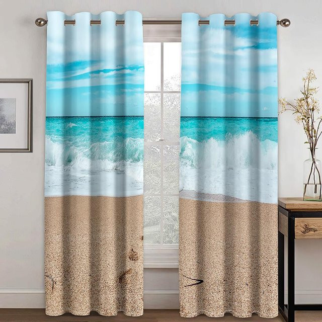 Yiran Furniture Sonnenuntergang am Meer Vorhänge mit 3D Digitaldruck, 2 Paneele aus Polyester, Mehrfarbig, Breite: 100 cm, Höhe: 130 cm - Bild 1