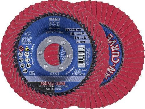 PFERD Polifan Curve Fächerschleifscheibe Steelox Körnung 60 für Stahl und Edelstahl, Durchmesser: 115 mm, Bohrungs-Ø: 22,23 mm, Farbe: Rot, 10 Stück - Bild 1