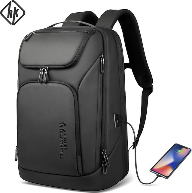 Hk Reise-Rucksack für Männer mit USB-C, wasserdichter Laptop-Rucksack für 17,3 Zoll, Schwarz - Bild 1